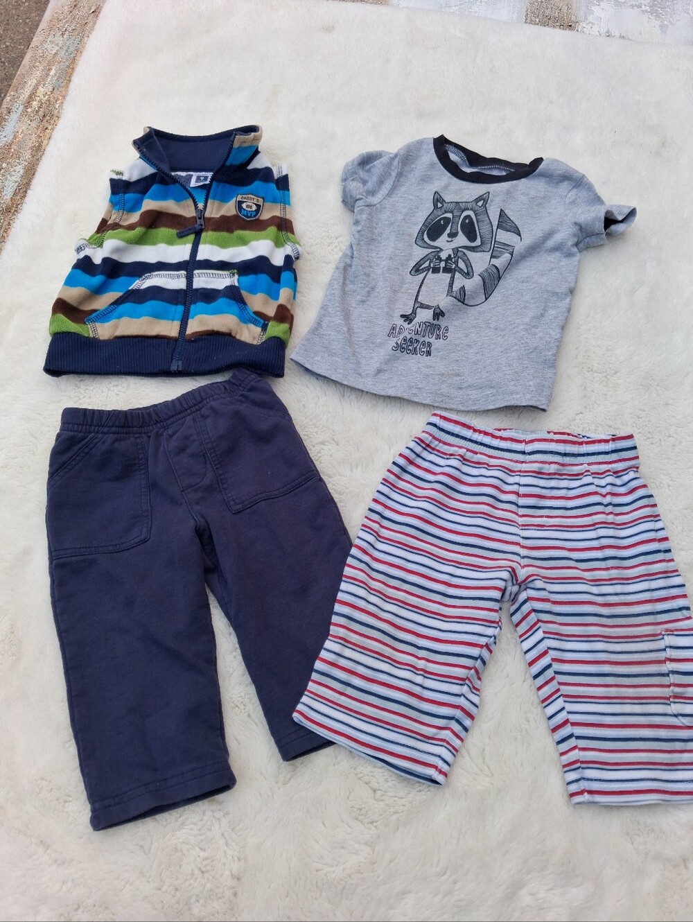 Toddler Striped Vest, Raccoon Tee & Pants Bundle - Blue/Grey/Red Size 9m Bundle